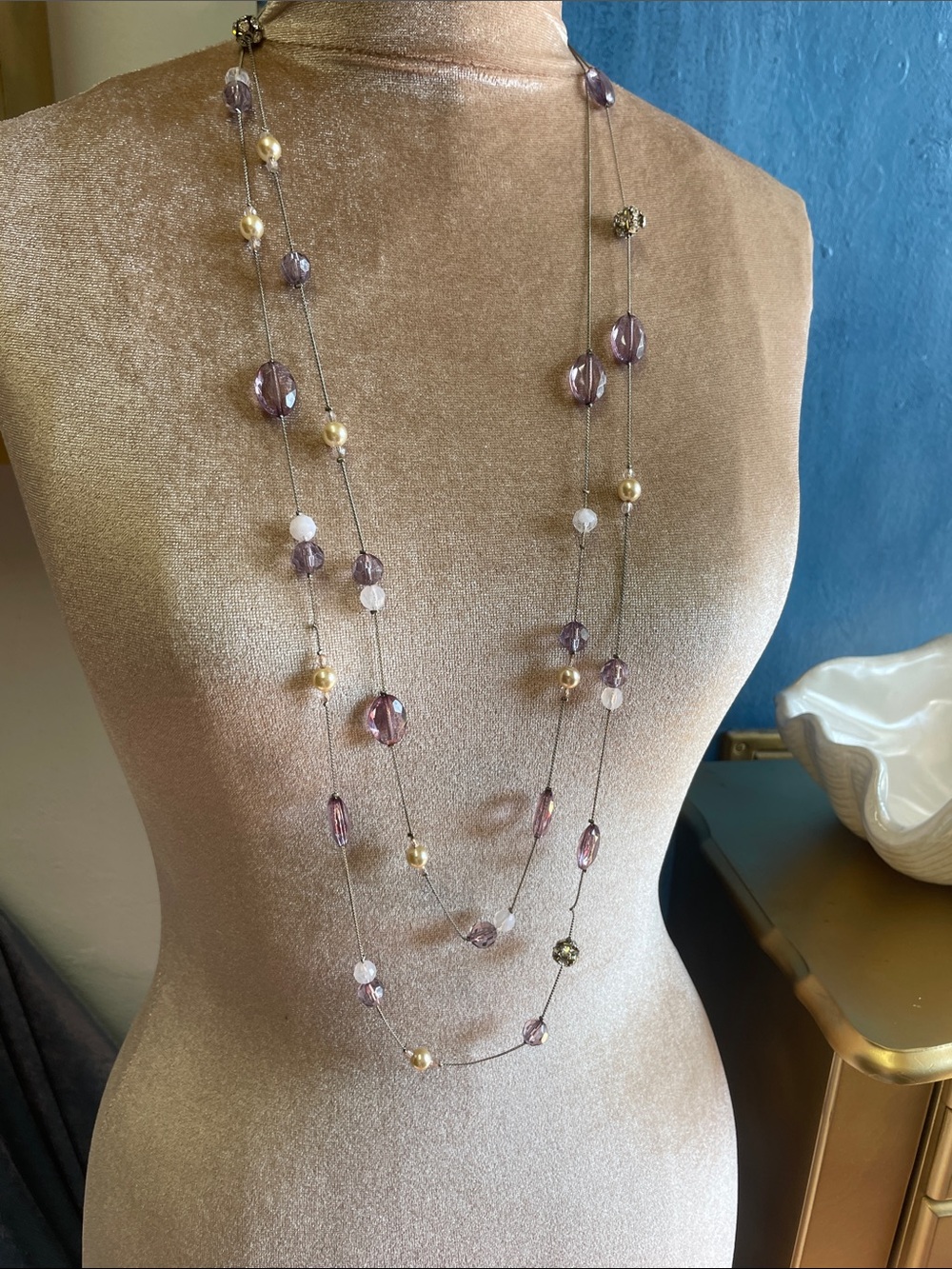 Long Multi-Strand Purple Bead Necklace with Pearlescent Accents
